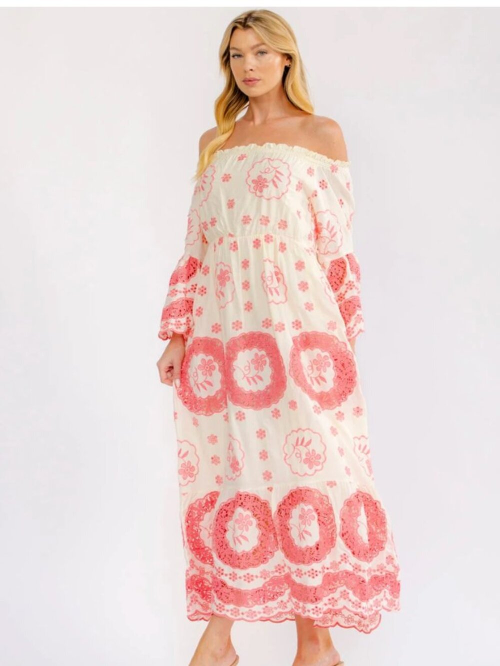 Boho Cream/Coral Women’s Off-Shoulder Bell Sleeve with Elastic Waist Crochet Max - Picture 3 of 3